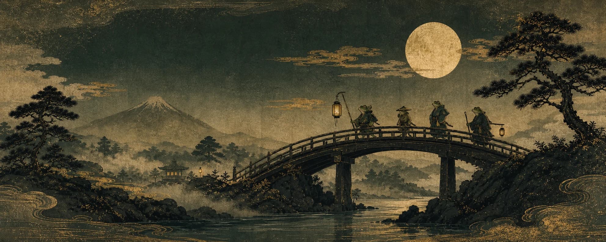 Moonlit frog travelers crossing an arched bridge